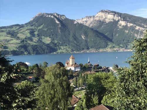 uma vista para um lago com uma igreja e montanhas em Ferienwohnung mit wunderschöner Aussicht em Krattigen