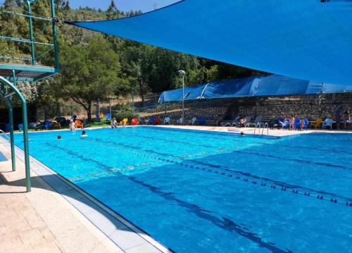a large swimming pool with blue water at Mountainside experience in Amirim in Amirim