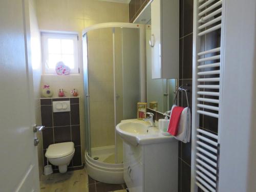 a bathroom with a shower and a sink and a toilet at Apartments JoDi pool Novalja in Novalja