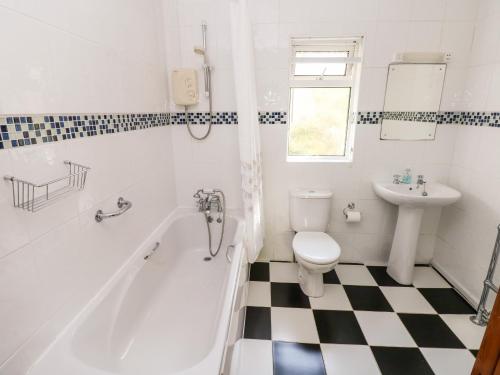 a bathroom with a tub and a toilet and a sink at Otter Cottage in Newport Pembrokeshire