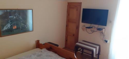 a bedroom with a bed and a chair and a television at Smještaj na selu,porodica Gvozdenac in Šipovo