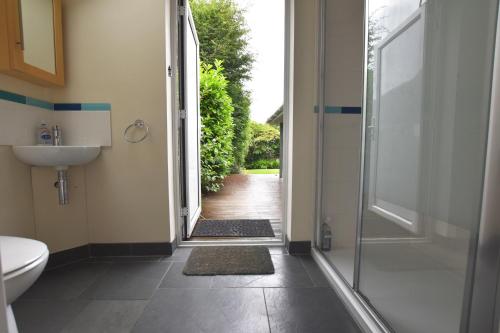 a bathroom with a shower and a toilet and a sink at Glan Helyg in Newport