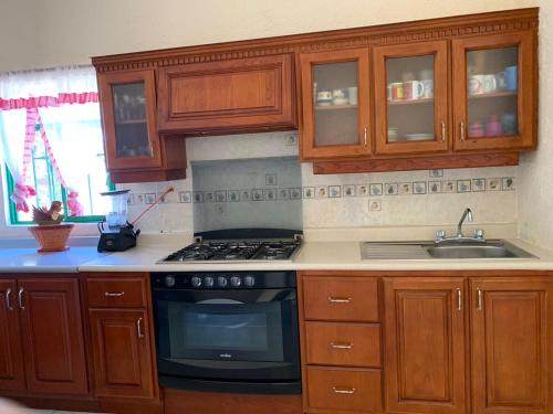 - une cuisine avec des placards en bois, une cuisinière et un évier dans l'établissement Casa de campo, Huasca Hidalgo, à Huasca de Ocampo