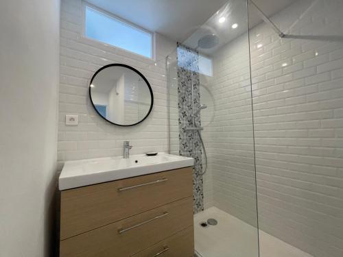 une salle de bain avec un lavabo, un miroir et une douche dans l'établissement L’idéal festival, à Avignon