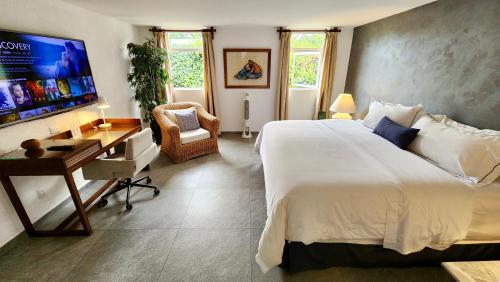 a bedroom with a bed and a desk and a tv at Casa Tamayo in Mexico City