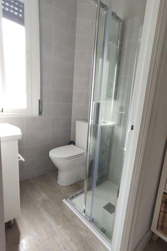 a bathroom with a toilet and a glass shower at Mirador del Oja in Ezcaray
