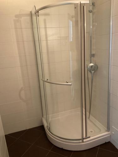W łazience znajduje się prysznic ze szklanymi drzwiami. w obiekcie Vila Jolie w mieście Costinesti