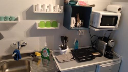 a kitchen counter with a sink and a microwave at Isi GuestHouse in Iesi