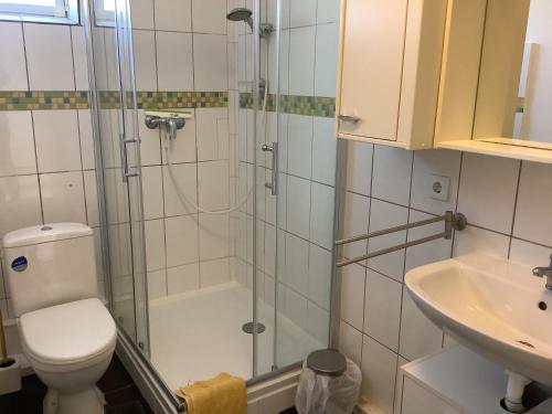 a bathroom with a shower and a toilet and a sink at Apartments In Cuxhaven-Döse in Cuxhaven