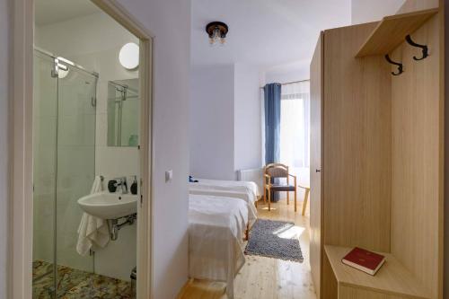 a bedroom with a bed and a sink and a shower at Elimheim in Cisnadioara