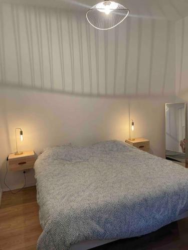 une chambre avec un lit et deux tables de nuit avec lampes dans l'établissement Bel appartement au cœur de Marseille, à Marseille