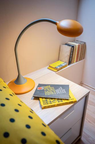 a desk with a lamp and a book on it at Vila Lumír in Poděbrady