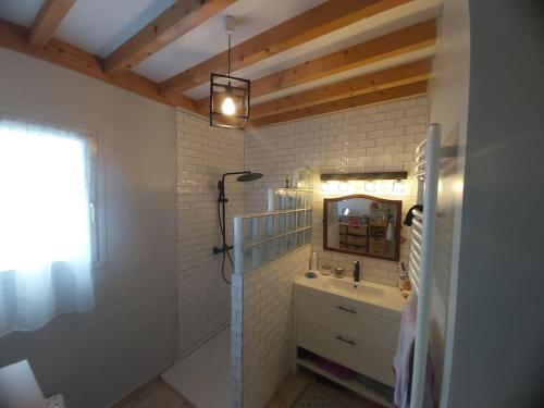 une salle de bain avec un lavabo et un miroir dans l'établissement Maison proche des plages 6 personnes au maximum, à La Haye-dʼEctot