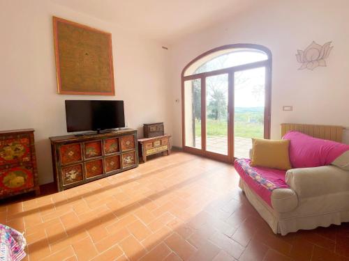 ein Wohnzimmer mit einem Sofa und einem TV in der Unterkunft Podere San Giovanni in Pomaia
