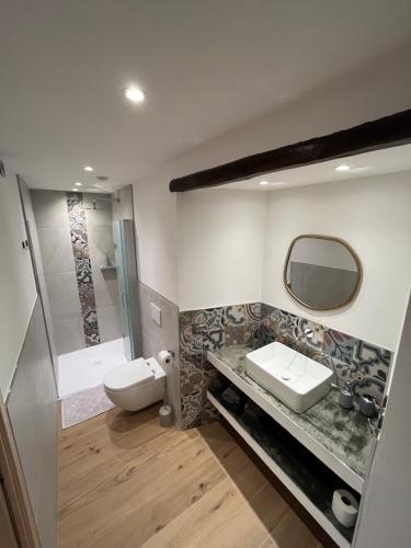 bagno con lavandino, servizi igienici e specchio di Wowies room a Pettenasco