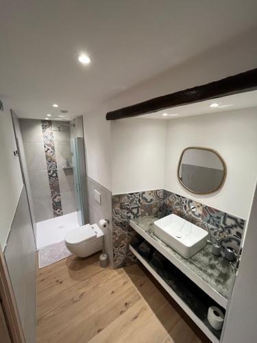 a bathroom with a sink and a toilet and a mirror at Wowies room in Pettenasco