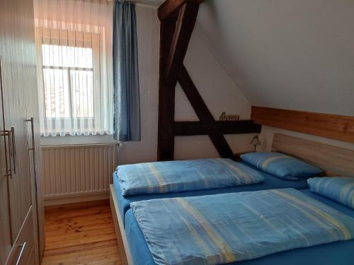 1 Schlafzimmer mit 2 Betten und einem Fenster in der Unterkunft Steigerwald Ranch in Koppenwind