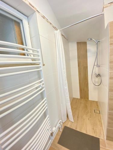 ein Bad mit einer Dusche und einem Fenster in der Unterkunft Ferienhaus Mayr in Bad Aussee