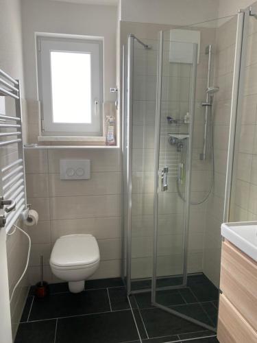 ein Bad mit einer Dusche, einem WC und einem Fenster in der Unterkunft Ferienwohnung Zweisamkeit in Graal-Müritz