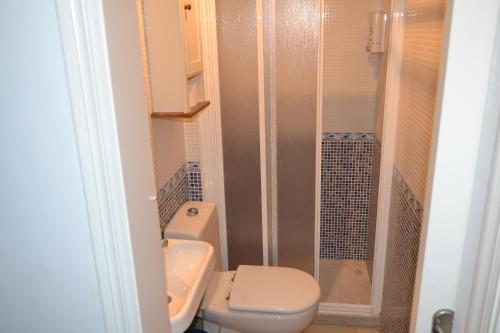 a small bathroom with a toilet and a shower at Apartamento en Playa Sancti Petri in Chiclana de la Frontera