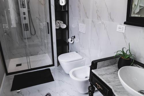 a bathroom with a shower and a toilet and a sink at BELVEDERE Luxury Apartment, view on the Lucca Walls in Lucca