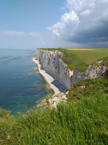 Une grande falaise blanche au bord de l'océan dans l'établissement KOTA Finlandais ETRETAT, aux Loges