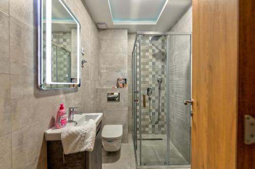 ein Badezimmer mit Dusche, Waschbecken und Toilette in der Unterkunft Vila Zlatibor luxury & spa in Zlatibor