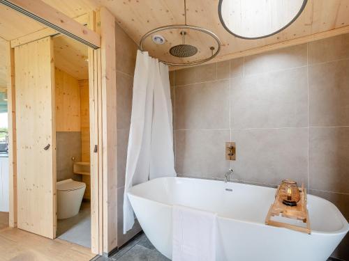 a bath tub in a bathroom with a toilet at The Curve At Caerlaverock Estate in Glencaple