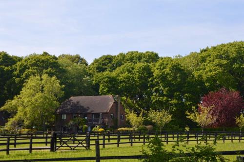 een schuur in een veld met een hek en bomen bij The Annex, Westerlands, Graffham in Graffham