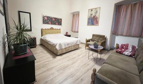 uma sala de estar com uma cama e um sofá em Apartment Old Street Dadiani 7 em Tbilisi