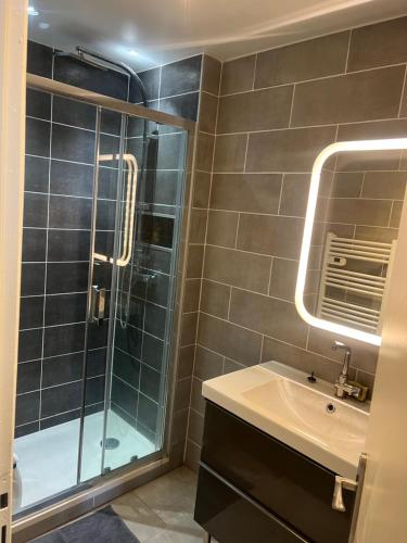 une salle de bain avec douche et lavabo dans l'établissement Joli T3 à 5 mins à pied plage et port avec parking, à Sanary-sur-Mer