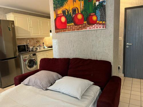 un divano rosso in cucina con un dipinto sul muro di Le Clos du Chateau Rouge 3* avec Parking securisé ad Annemasse