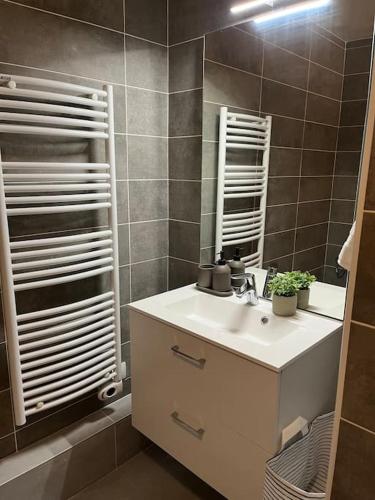 une salle de bain avec un lavabo et un miroir dans l'établissement Le Clos du Chateau Rouge 3* avec Parking securisé, à Annemasse