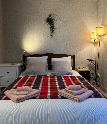 une chambre avec un lit avec des serviettes dessus dans l'établissement Le Clos du Chateau Rouge 3* avec Parking securisé, à Annemasse