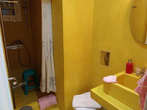 een gele badkamer met een wastafel en een douche bij Ellie's apartment in Athene