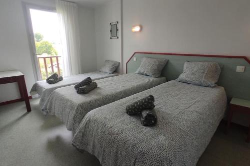 dwa łóżka w pokoju hotelowym z dwoma w obiekcie Baztan Piscine Vue Montagnes w mieście Souraïde