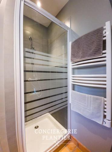 une salle de bain avec une douche avec une porte vitrée dans l'établissement Charmant Gîte Mazet Lo Garric, à Caux