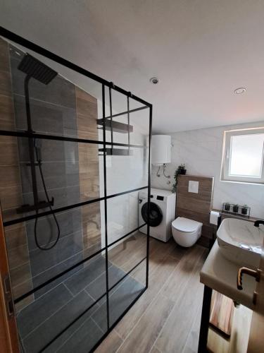 a bathroom with a glass shower and a toilet at Ballerina Apartment in Dubrovnik