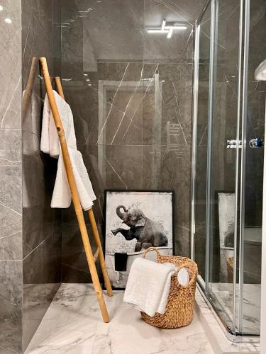 a bathroom with a shower with a picture of an elephant at Blue Luxury Studio in Mamaia