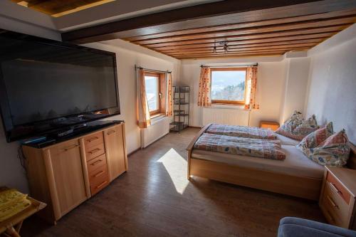 a bedroom with a large flat screen tv and a bed at WIEDNERMICHL - Urlaub in den Weinbergen in Krottendorf bei Ligist