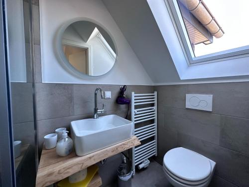 a bathroom with a sink and a toilet and a mirror at Schmucke-Huus-Appartement-2 in Westerland
