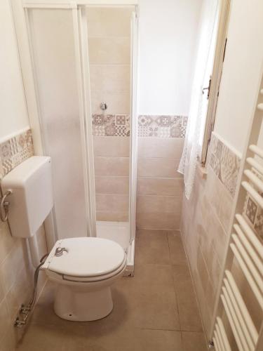 a small bathroom with a toilet and a shower at La Casera in Lido di Dante