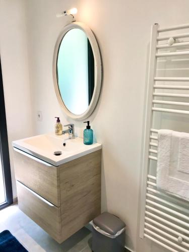 une salle de bain avec un lavabo et un miroir dans l'établissement La Villa Canopée - Piscine chauffée-Fibre-Clim-Jacuzzi, à Gujan-Mestras