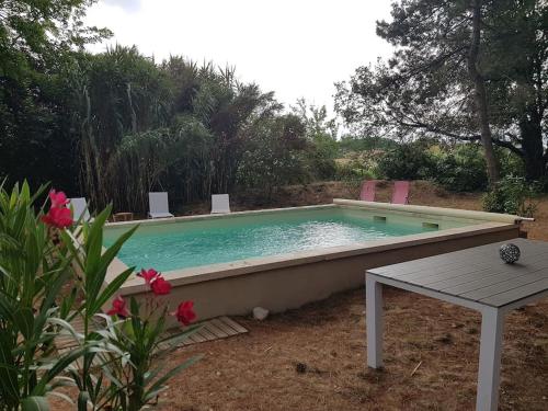a swimming pool in a yard with a table and flowers at Le Pigeonnier in Vaison-la-Romaine