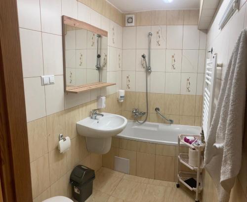 ein Badezimmer mit einem Waschbecken und einer Badewanne in der Unterkunft Amphora Kompleks Wypoczynkowy in Krynica-Zdrój