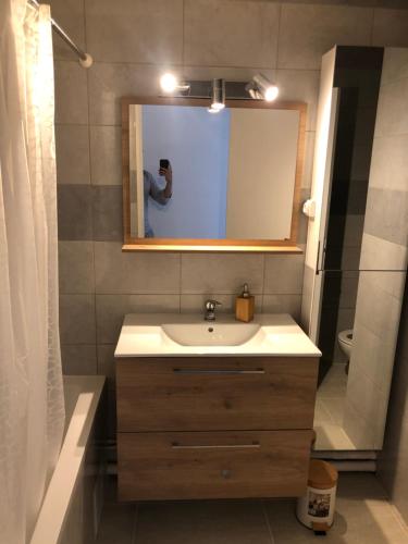 eine Person, die ein Foto von einem Waschbecken im Badezimmer macht in der Unterkunft Evry Time in Courcouronnes