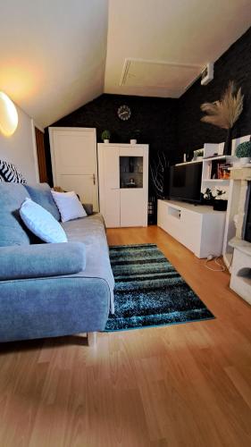 ein Wohnzimmer mit einem blauen Sofa und einem Teppich in der Unterkunft Pension Jana Tatrovice in Tatrovice