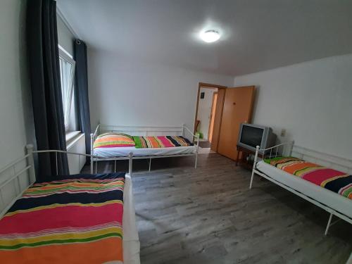 Habitación con 2 camas y TV. en Ferienwohnung Wendischbrome en Jübar