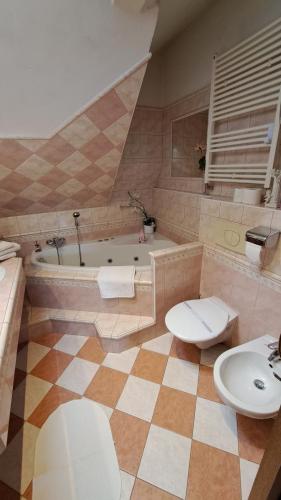 a bathroom with a tub and a toilet and a sink at Pension Jana Tatrovice in Tatrovice