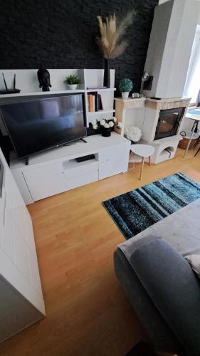 a living room with a large flat screen tv at Pension Jana Tatrovice in Tatrovice